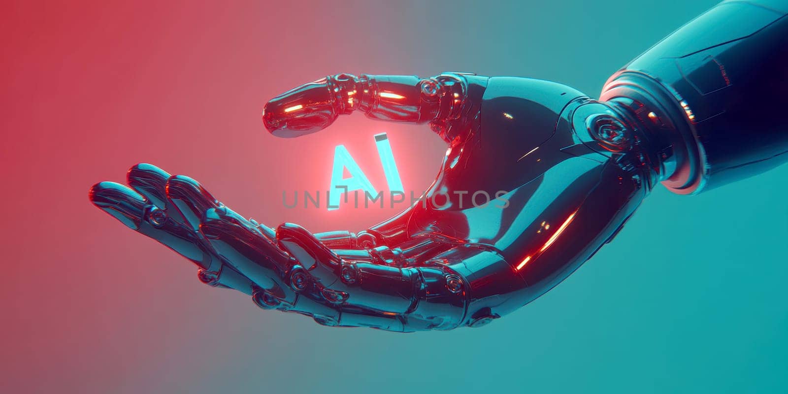 robot hand gently holding an 'AI' logo in its palm. AI generative.