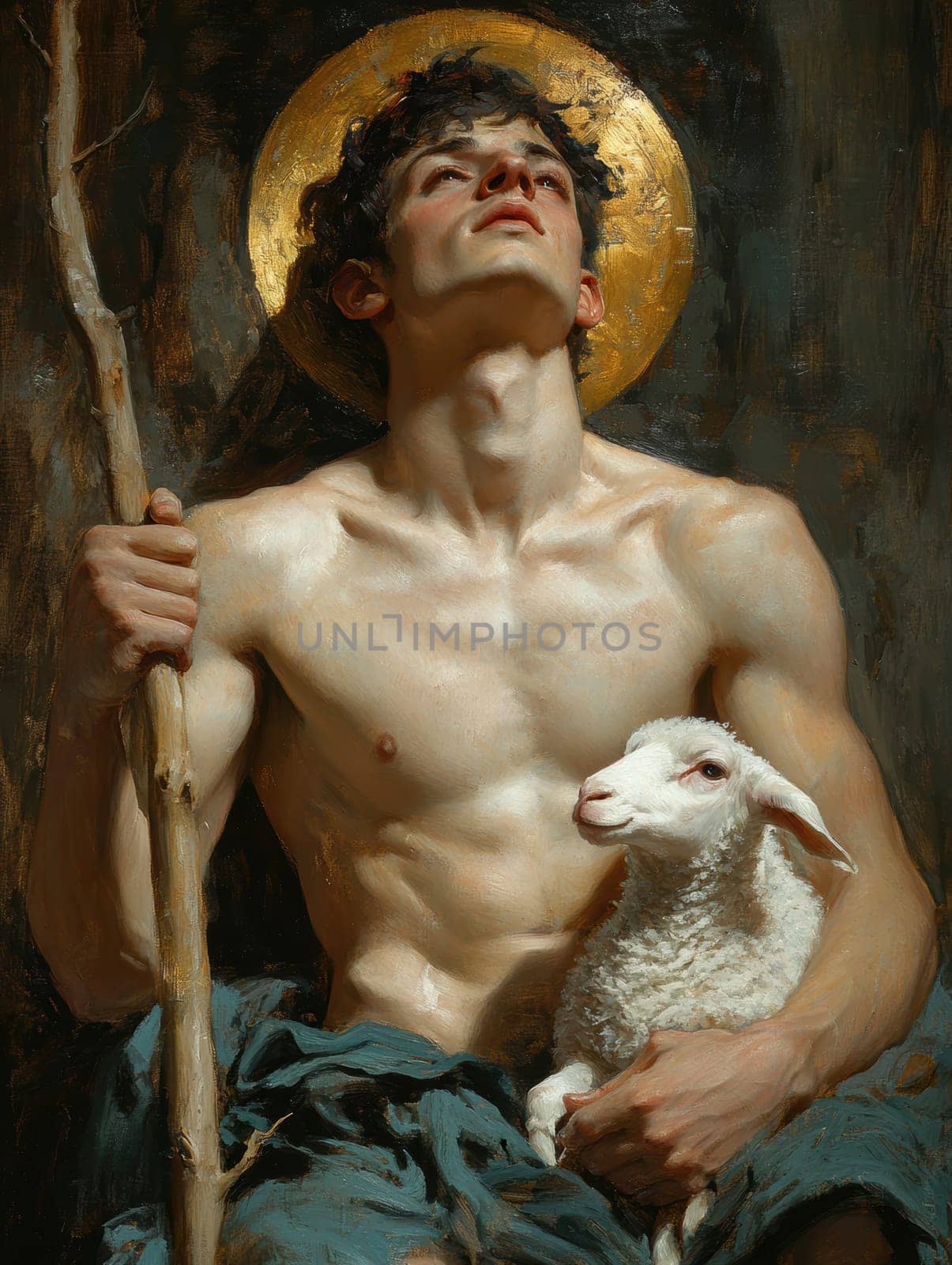 Saint John the Baptist, holding a shepherd's staff and holding a white lamb on one shoulder. AI generative.