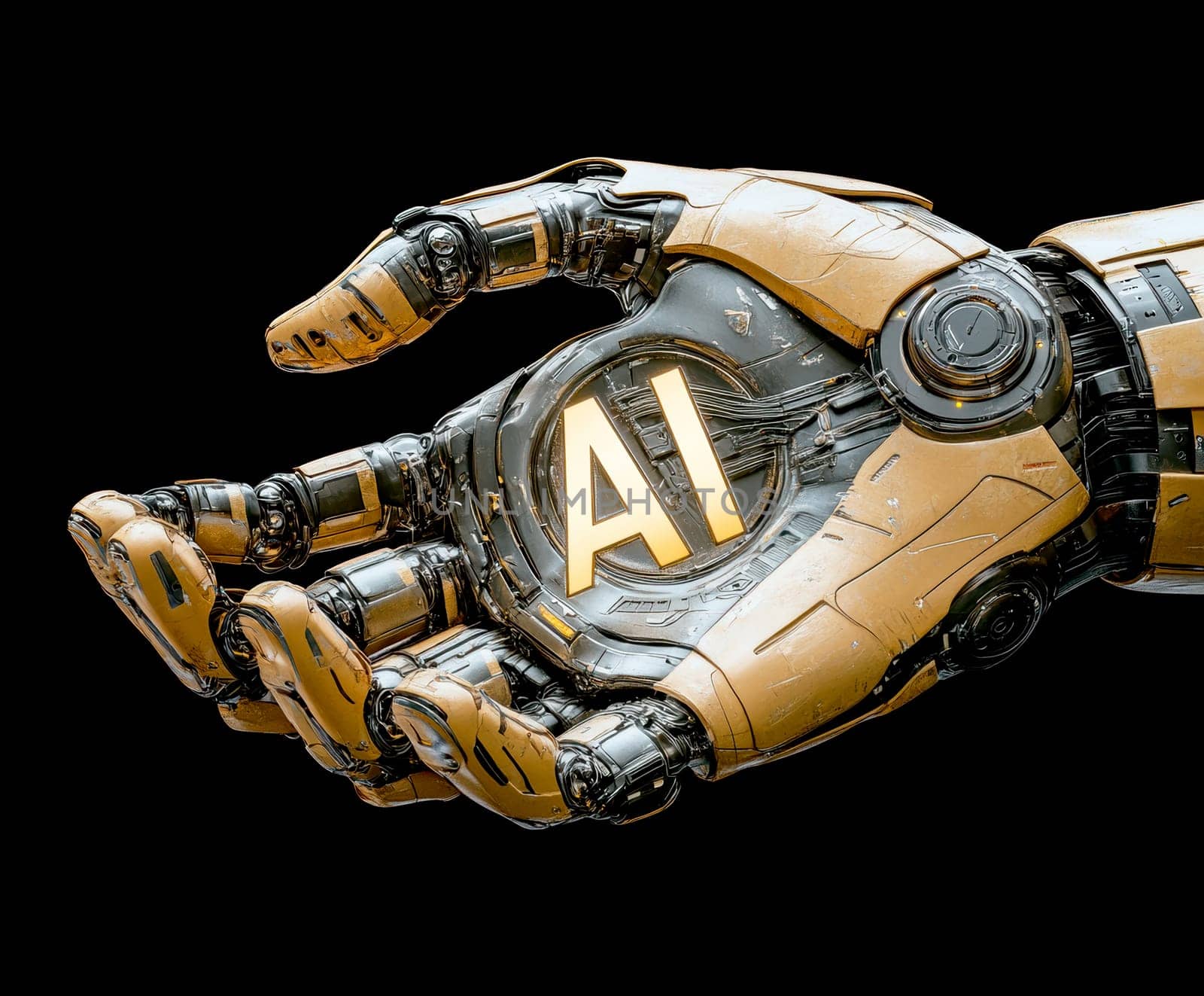 robot hand gently holding an 'AI' logo in its palm. AI generative.