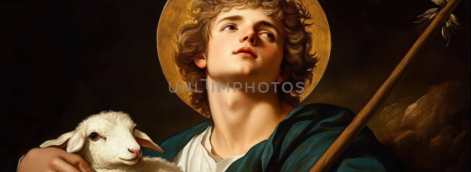 Saint John the Baptist, holding a shepherd's staff and holding a white lamb on one shoulder. AI generative.