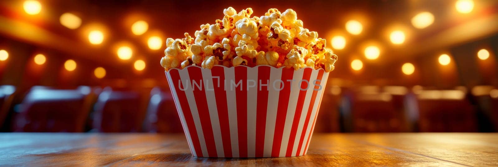 freshly popped popcorn in a cinema. AI generative.