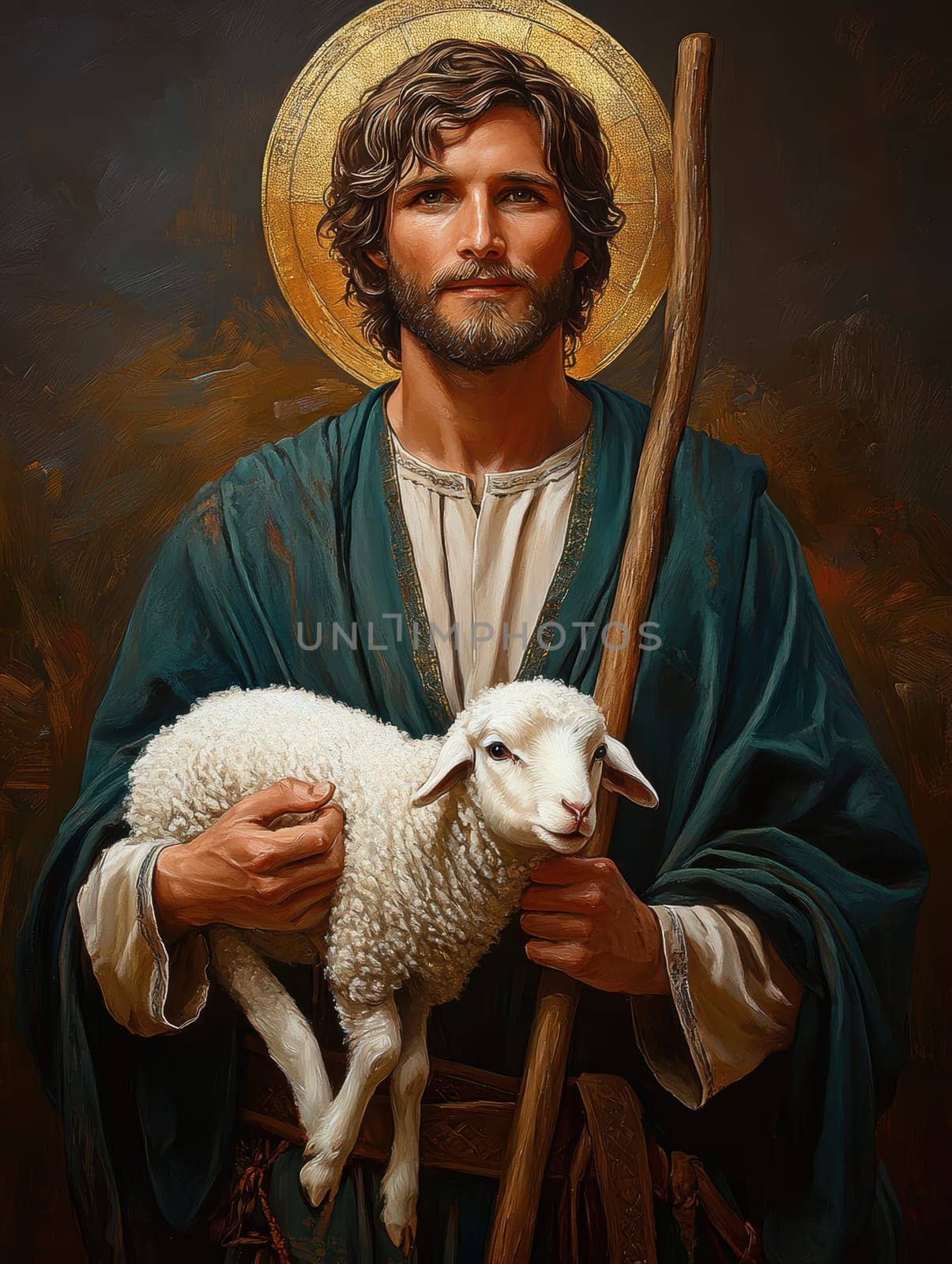 Saint John the Baptist, holding a shepherd's staff and holding a white lamb on one shoulder. AI generative.