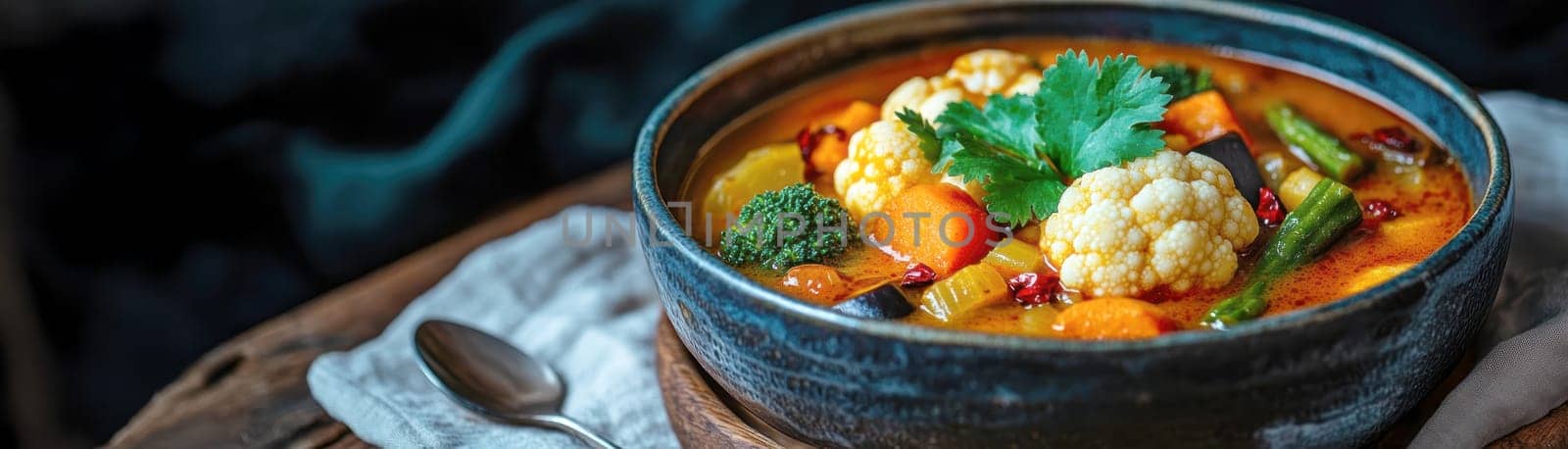 vegetable curry featuring cauliflower, broccoli, okra, carrots, and aubergines. AI generative.