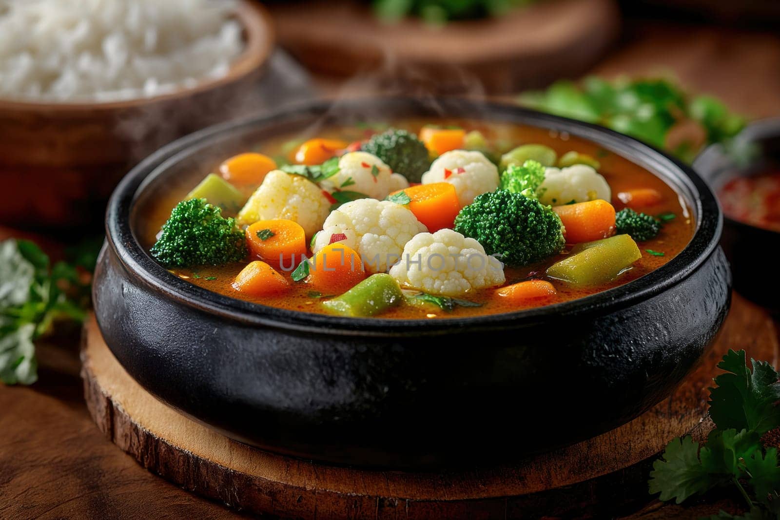 vegetable curry featuring cauliflower, broccoli, okra, carrots, and aubergines. AI generative.