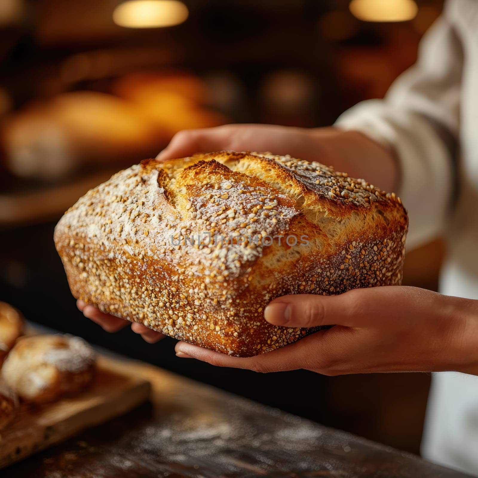 passing a loaf of bread from one hand to another, symbolizing sharing and human ties. AI generative.