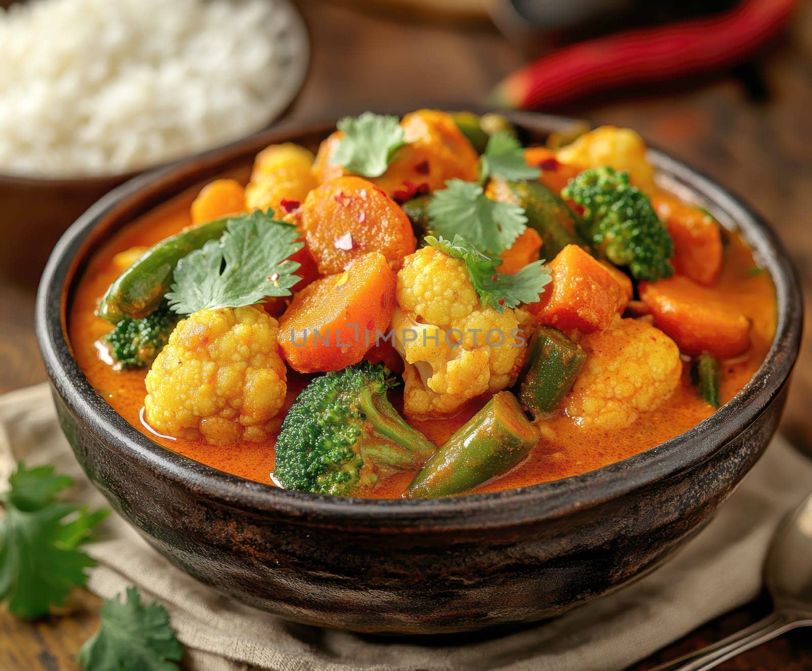 vegetable curry featuring cauliflower, broccoli, okra, carrots, and aubergines. AI generative.