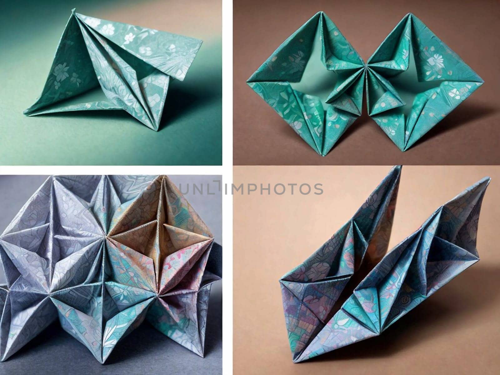 Collage showcasing four distinct origami creations from patterned paper in shades of teal, grey, and beige. Focus is on intricate folds and design. AI-generated photo.