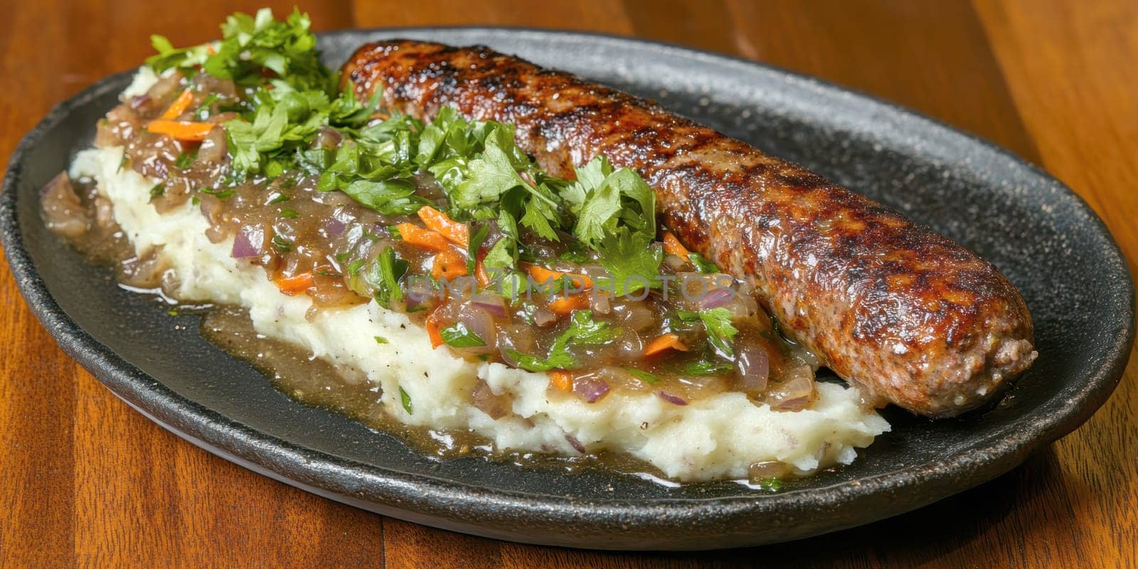 Traditional Polish dish, potatoes with baked kielbasa and onion sauce. AI generative.