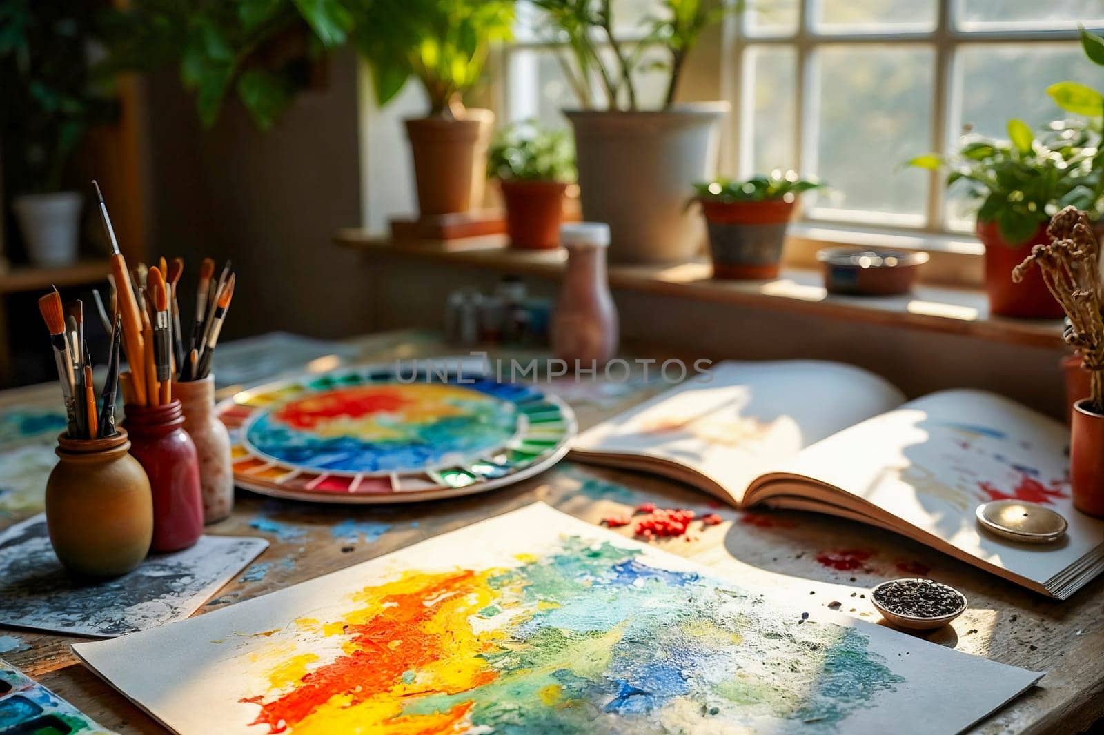 A serene artist workspace with brushes, a vibrant color palette, and a painting in progress illuminated by natural light. Creativity, inspiration, and artistic expression