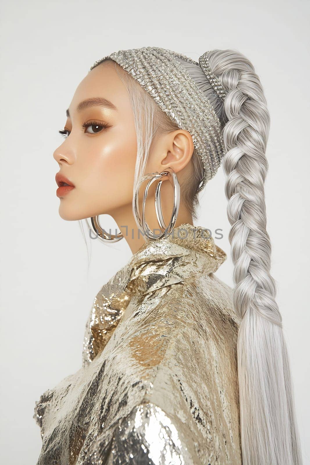 A model showcases a stylish braided hairstyle, wearing a shimmering gold jacket and large hoop earrings, highlighting her unique look.