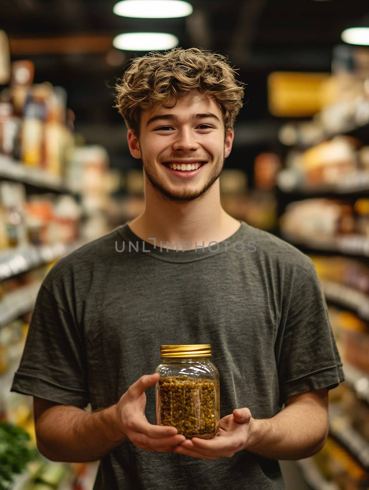 Smiling young man stands in a grocery aisle, proudly displaying a jar filled with herbs amidst shelves of products.
