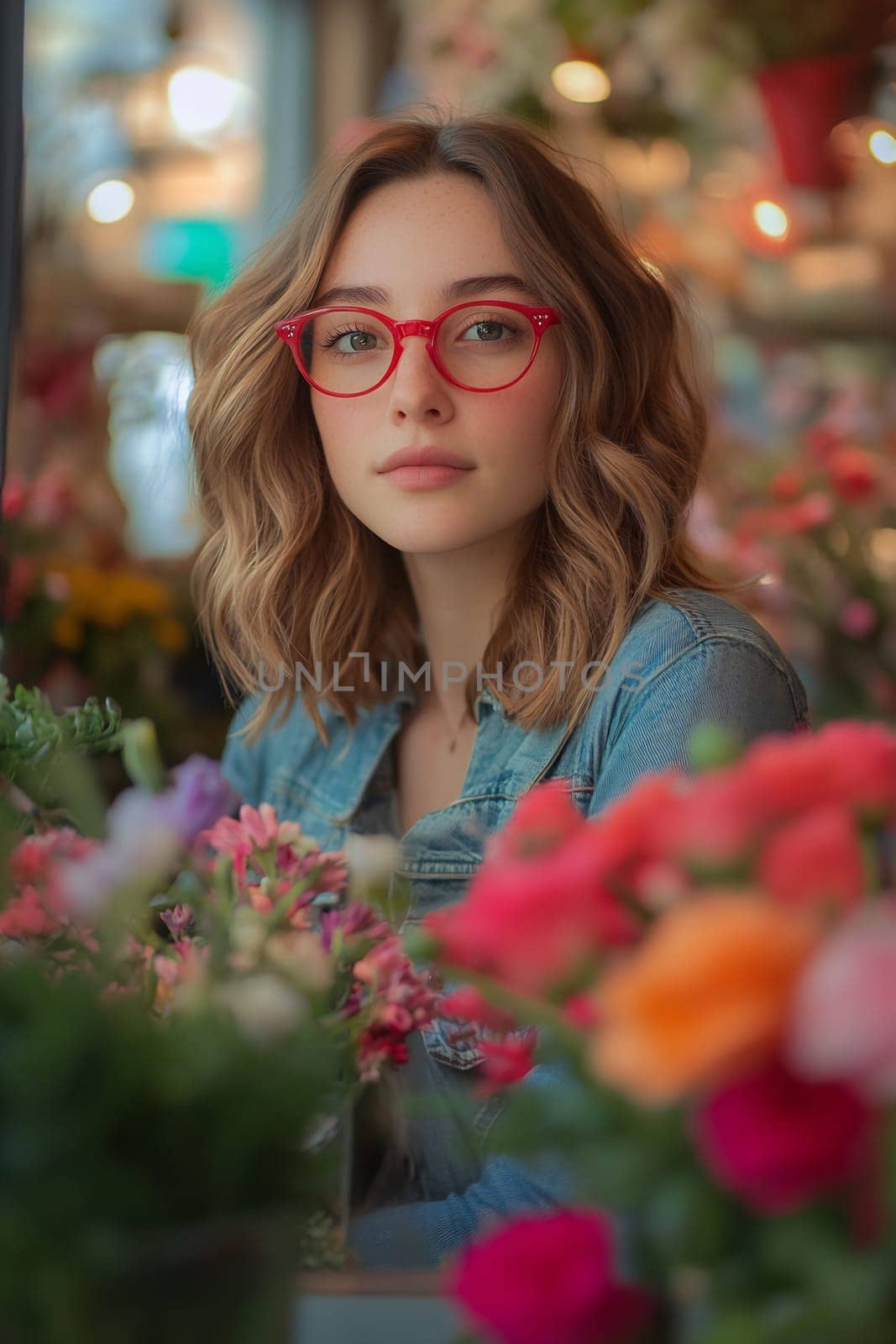 A young woman with curly hair and red glasses sits thoughtfully among vibrant flowers in a lively floral shop, showcasing a colorful atmosphere.