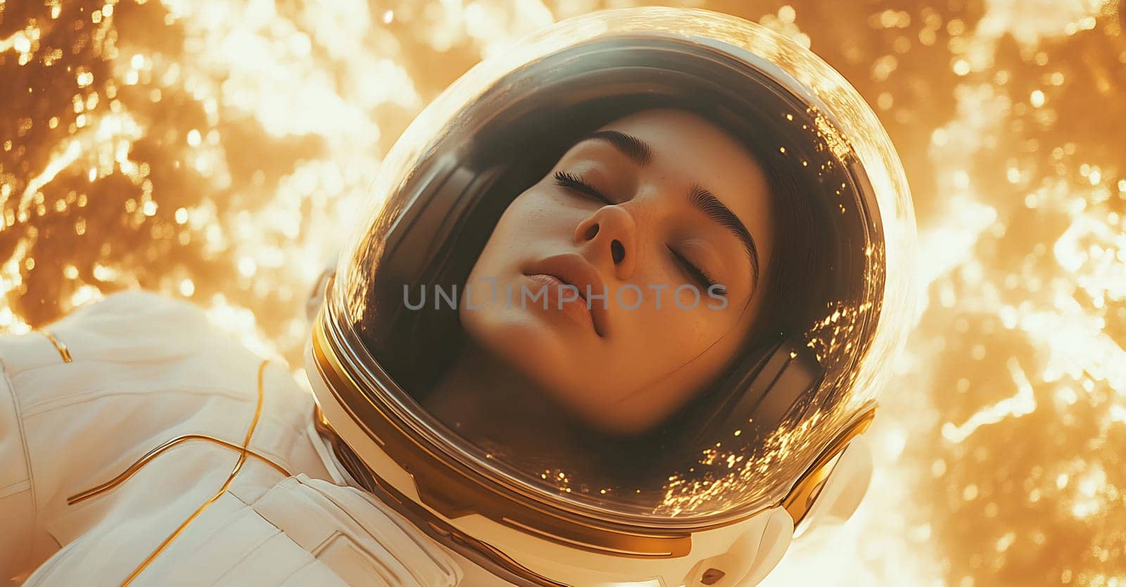 An astronaut peacefully floats amid swirling flames and sparks, creating a captivating contrast with their suit in a cosmic environment.
