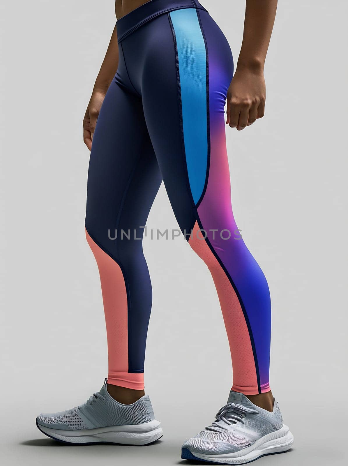 A person showcases colorful leggings designed with blue, pink, and purple hues while standing in a neutral setting.