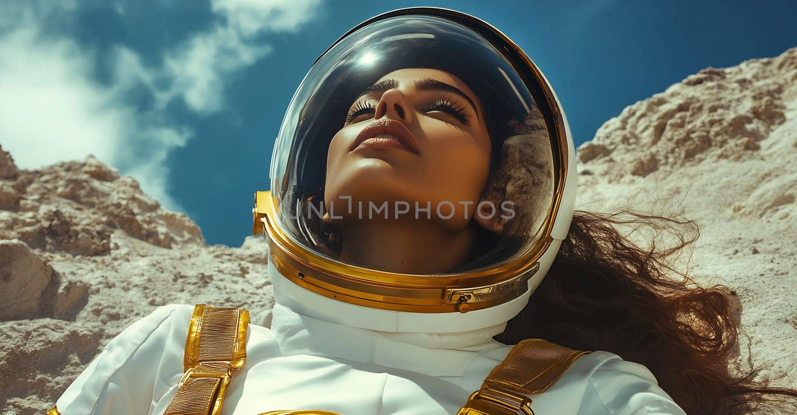 A woman in a spacesuit gazes upward, surrounded by rocky terrain and a bright blue sky with wispy clouds, capturing a moment of exploration.