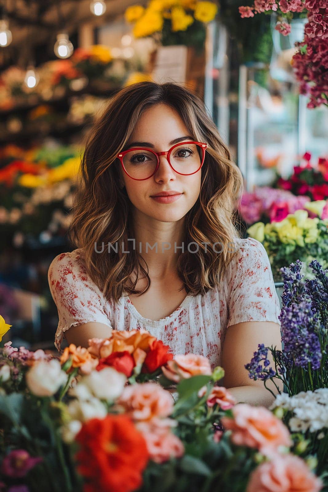 A young woman with glasses sits at a flower stand surrounded by vibrant blooms in a lively market atmosphere.