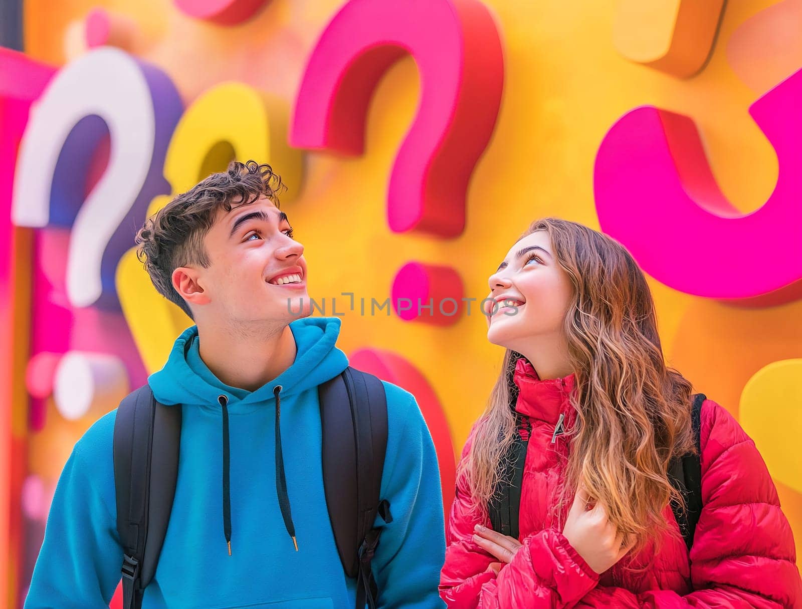 Two young people are smiling while looking up at a vibrant wall covered in large question marks. Their clothing reflects a cheerful vibe.