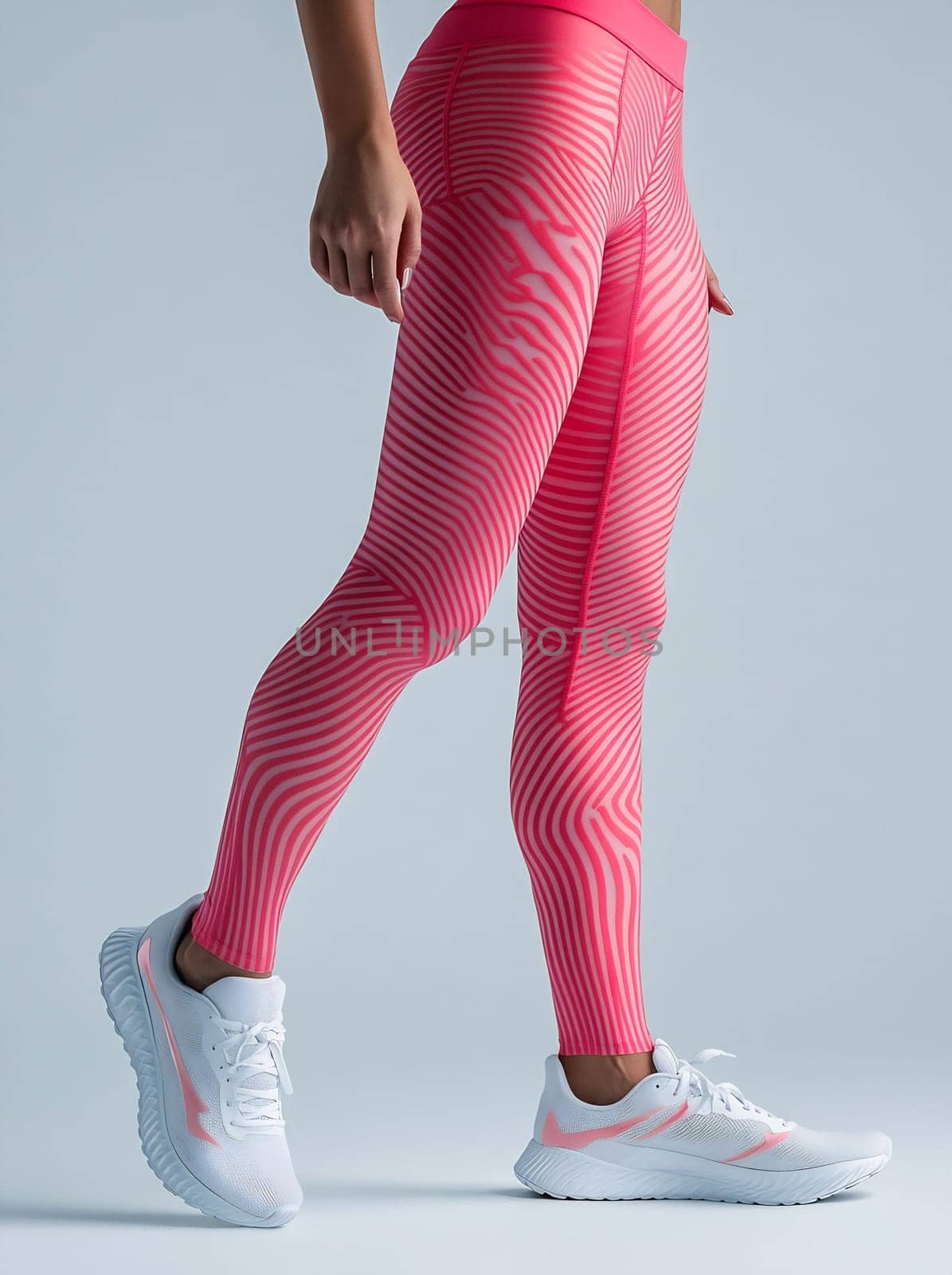 A person is wearing bright pink striped athletic leggings paired with white sneakers, highlighting modern sports fashion during an indoor workout.