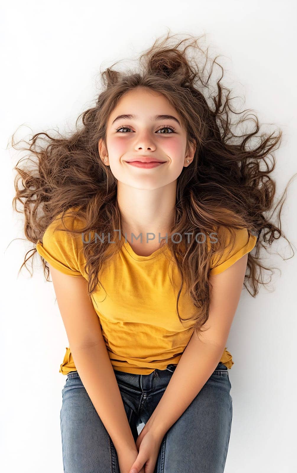 A young girl with long, curly hair sits on a white surface, wearing a yellow shirt and jeans, smiling with joy and carefree energy.