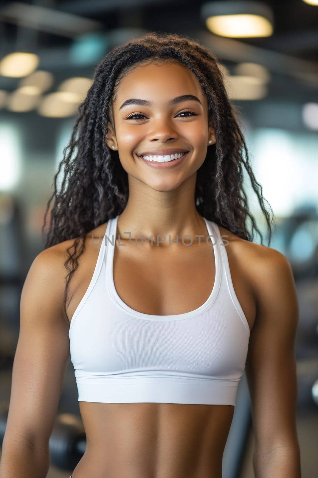 Fitness enthusiast stands confidently in a modern gym, showcasing a vibrant smile while dressed in workout attire.