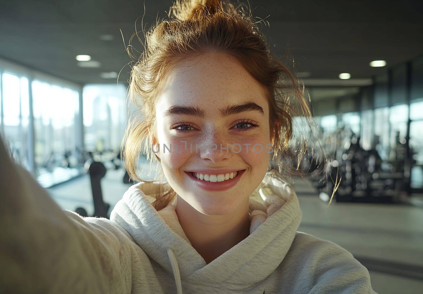 A young woman takes a selfie in a modern gym filled with exercise equipment during daylight. She radiates happiness and confidence.