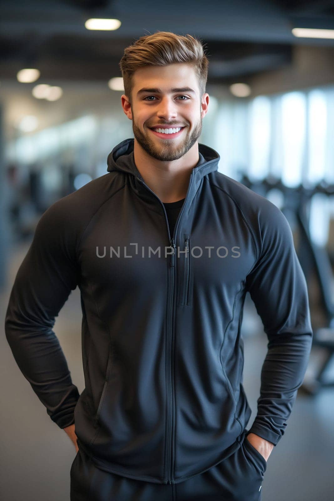 A fit young man is smiling confidently while standing in a modern gym, ready to start his workout routine amid gym equipment.