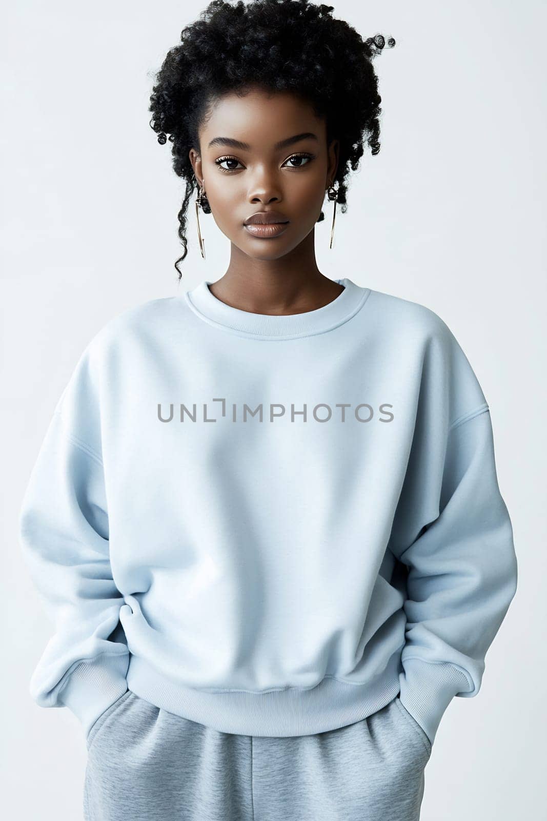 A woman with natural curly hair poses confidently in a light blue oversized sweatshirt, showcasing a neutral background and relaxed vibes.