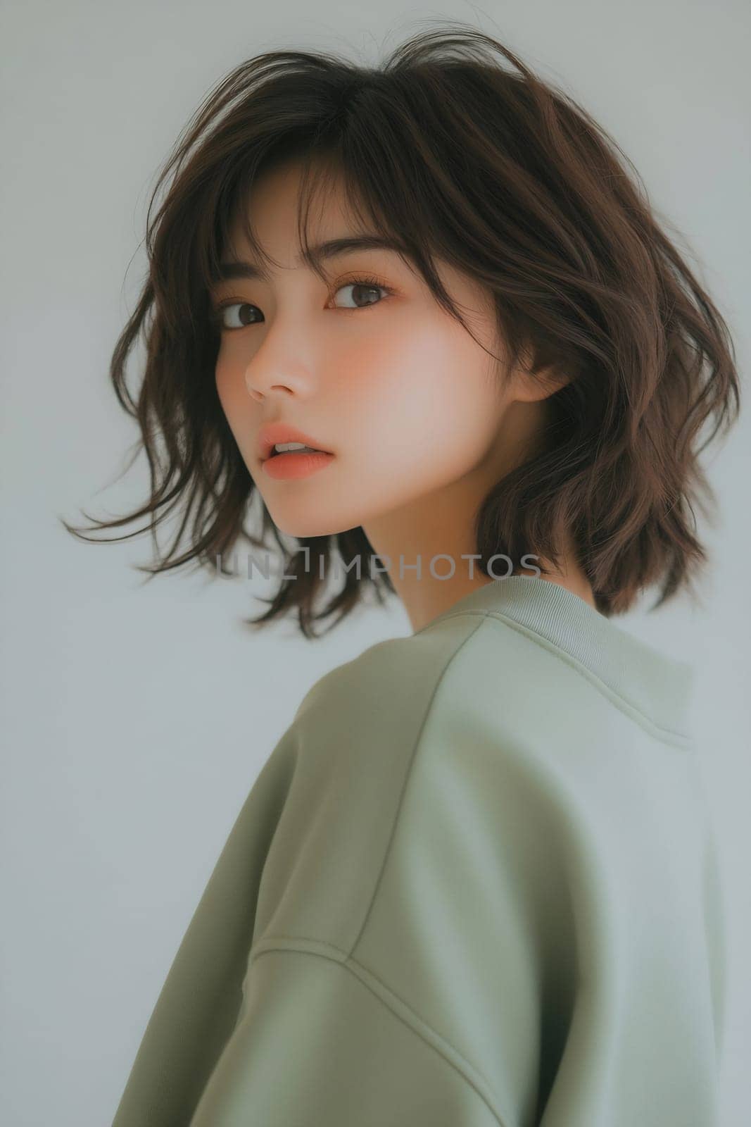 A young woman with tousled hair gazes over her shoulder, wearing a soft green sweater in a minimalistic setting.