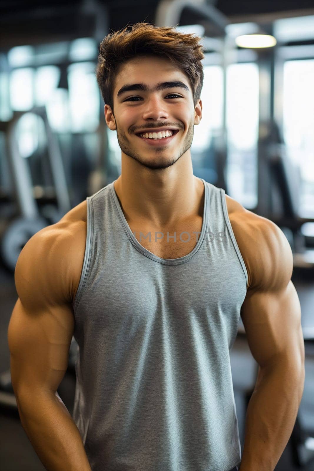 A fit young man stands confidently in a gym, showcasing his muscular build. He smiles at the camera, radiating positivity and strength.