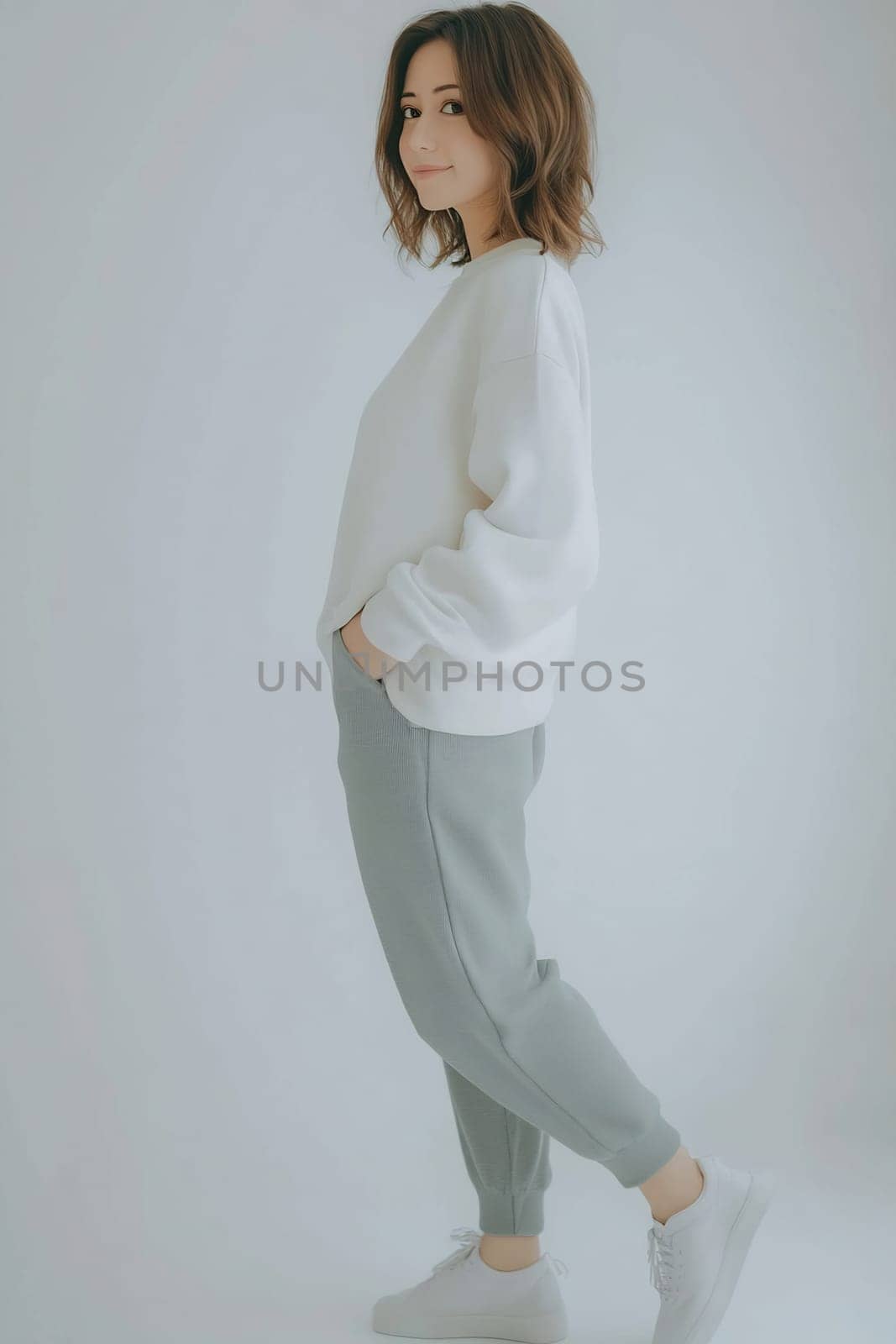 A woman stands confidently in a light gray outfit, showcasing a relaxed style and casual elegance against a neutral backdrop.