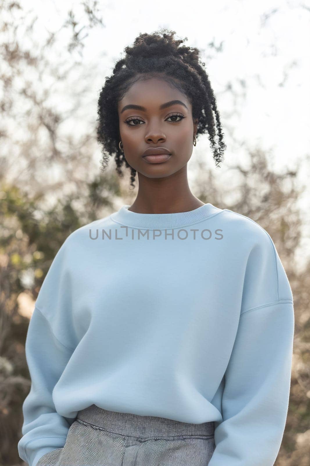 A young woman stands confidently outdoors wearing a light blue sweater. Her hair is styled naturally, surrounded by greenery.