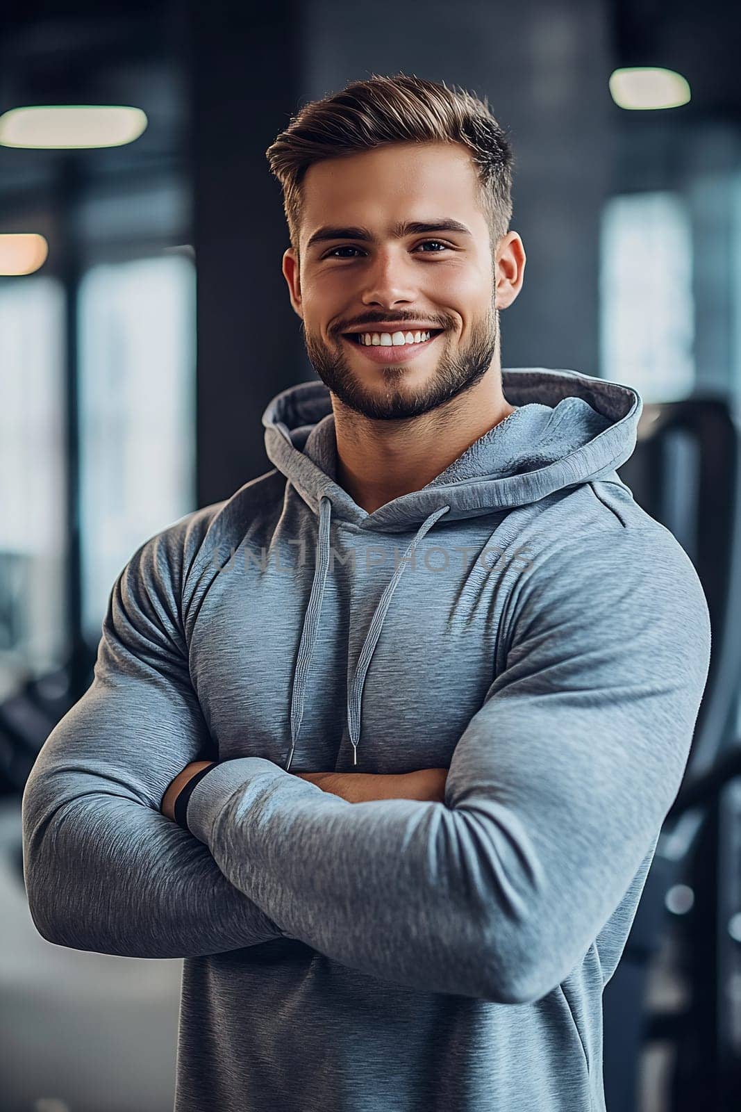 A young man with a muscular build stands confidently in a gym, wearing a gray hoodie and smiling, showcasing a positive fitness vibe.