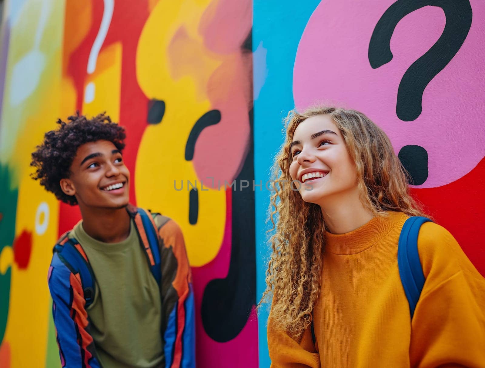 Young friends smile and share laughter beside a colorful mural with artistic question marks on a bright day in an urban setting.