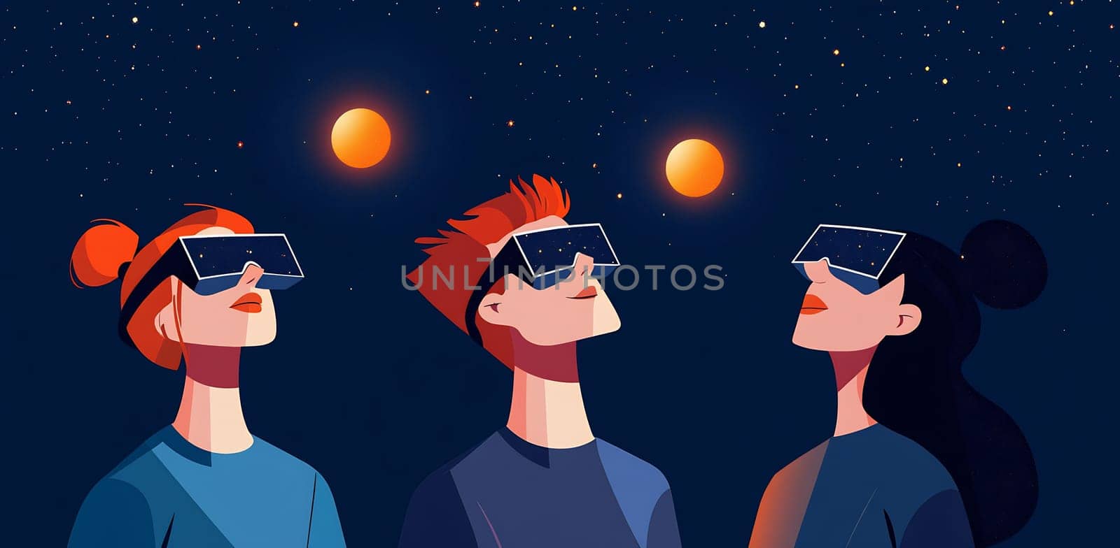 Three individuals gaze upward at two bright celestial bodies in a starry night sky while wearing special glasses for protection.