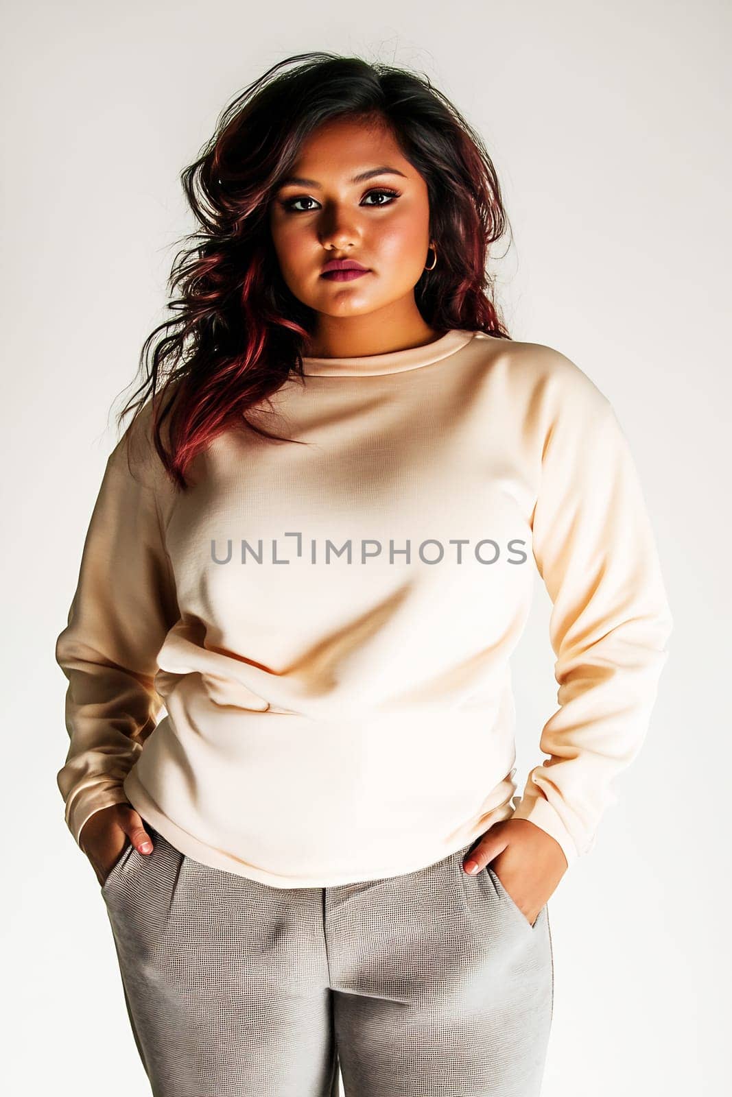 A young woman poses confidently, wearing a light sweater and stylish trousers, showcasing modern fashion in a studio setting.