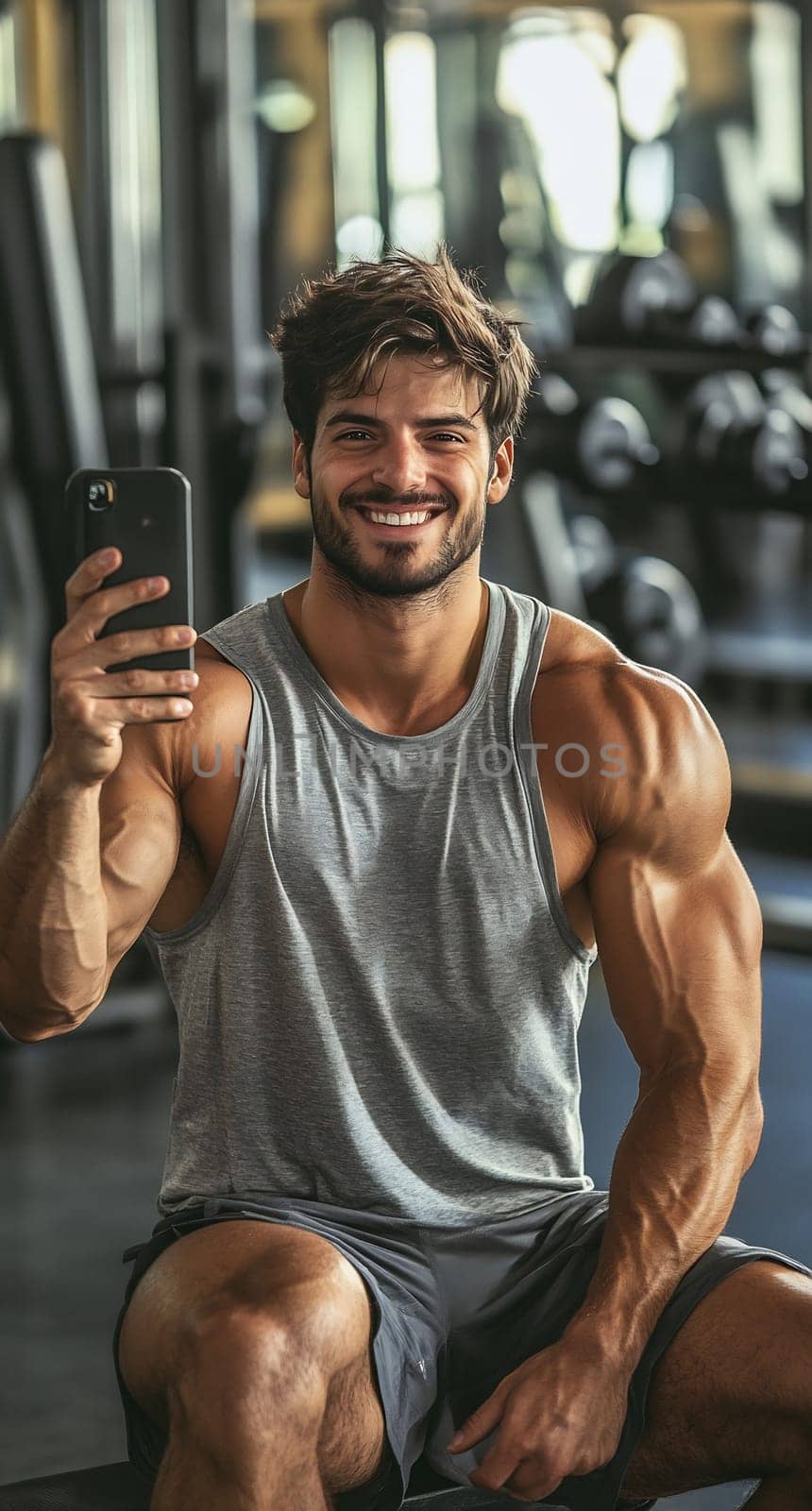 A man smiles while taking a selfie in a gym, showcasing his muscular physique and enjoying his workout session.