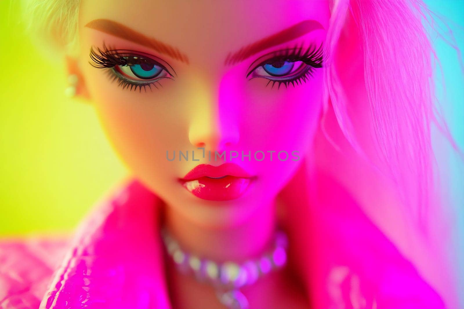 A doll features vibrant makeup with bold blue eyes and glossy lips, wearing a stylish pink jacket and necklace under colorful lighting.