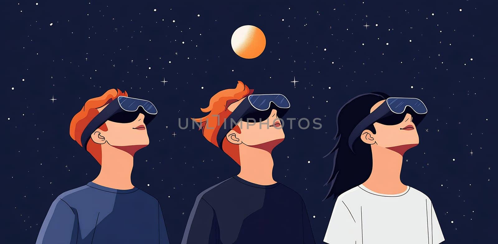 Three individuals wearing virtual reality headsets gaze upwards at a glowing object in a night sky filled with stars.