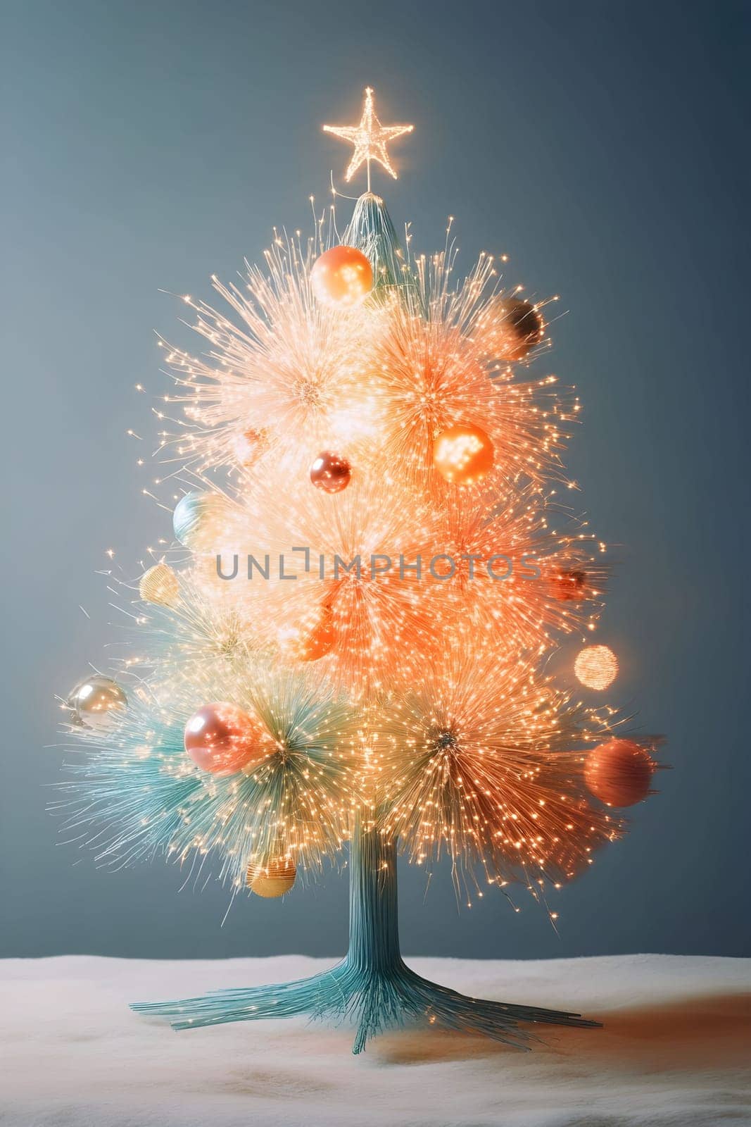 Christmas tree made from colorful plastic fibers. A beautifully decorated Christmas tree stands tall, showcasing shimmering ornaments and vibrant lights.