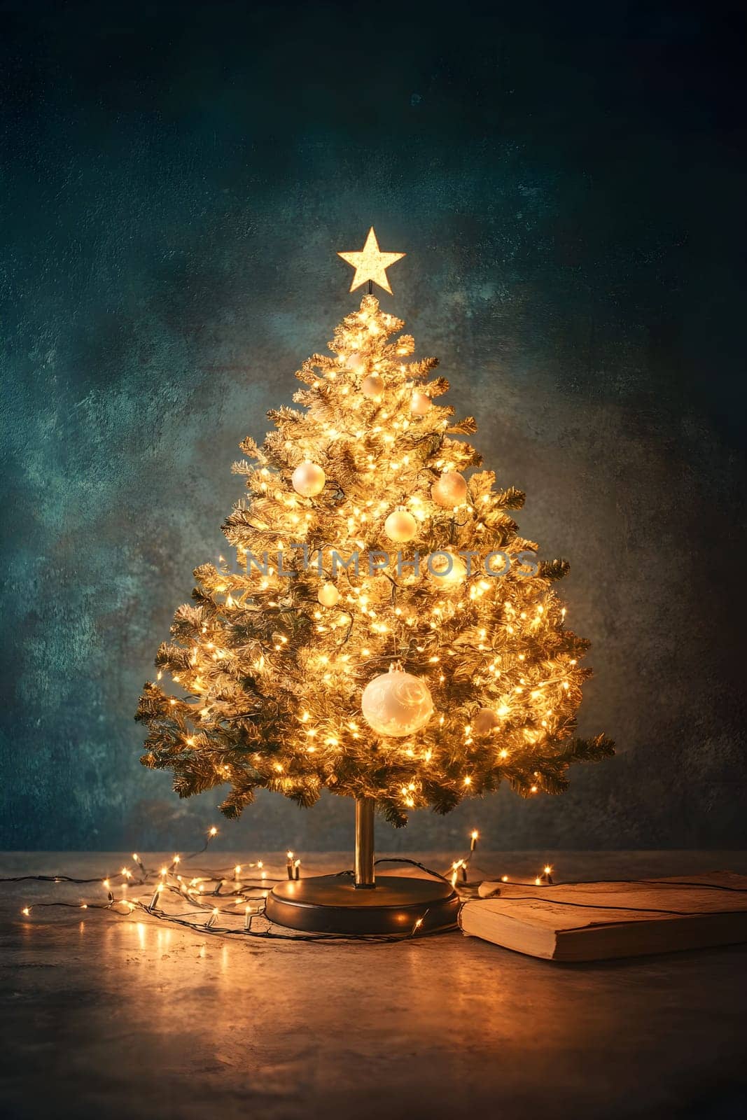 Beautifully lit mini Christmas tree stands prominently in warm indoor environment. It is adorned with twinkling lights and golden ornaments, creating a festive atmosphere.
