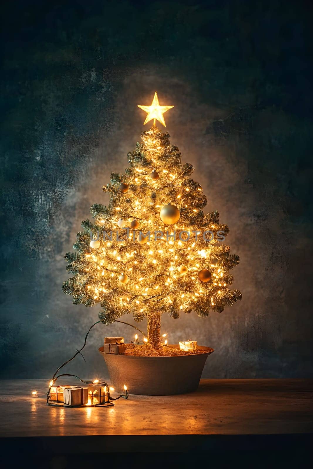 Beautifully lit mini Christmas tree stands prominently in a warm indoor environment. It is adorned with twinkling lights and golden ornaments, creating a festive atmosphere.