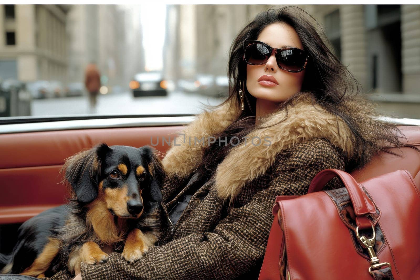 An elegant woman in the back seat of a luxury car, with  dachshund. AI generative.
