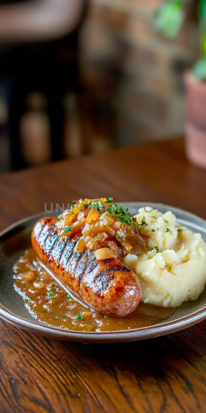 Traditional Polish dish, potatoes with baked kielbasa and onion sauce. AI generative.