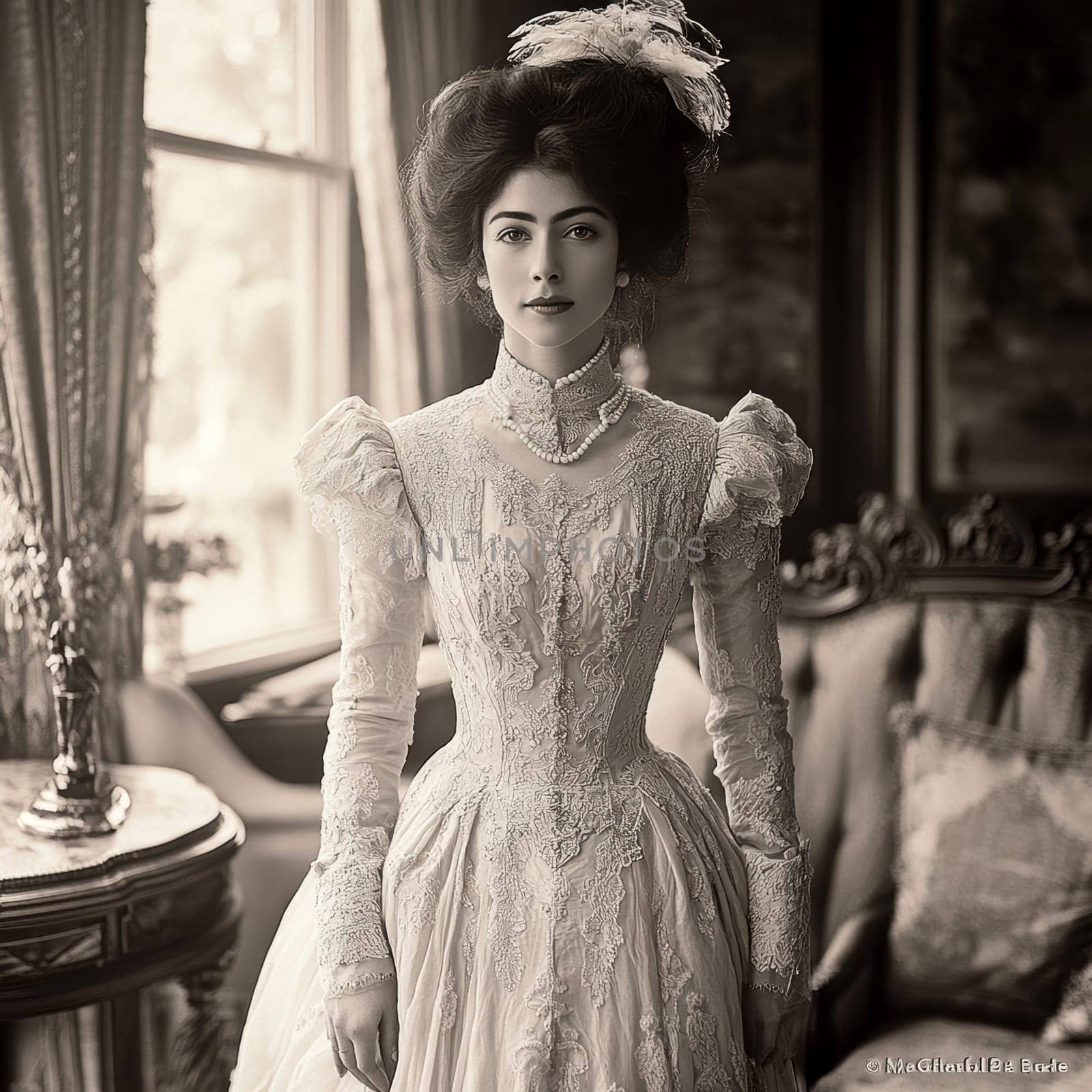 elegant woman from the Victorian era standing in a richly decorated parlor. AI generative.