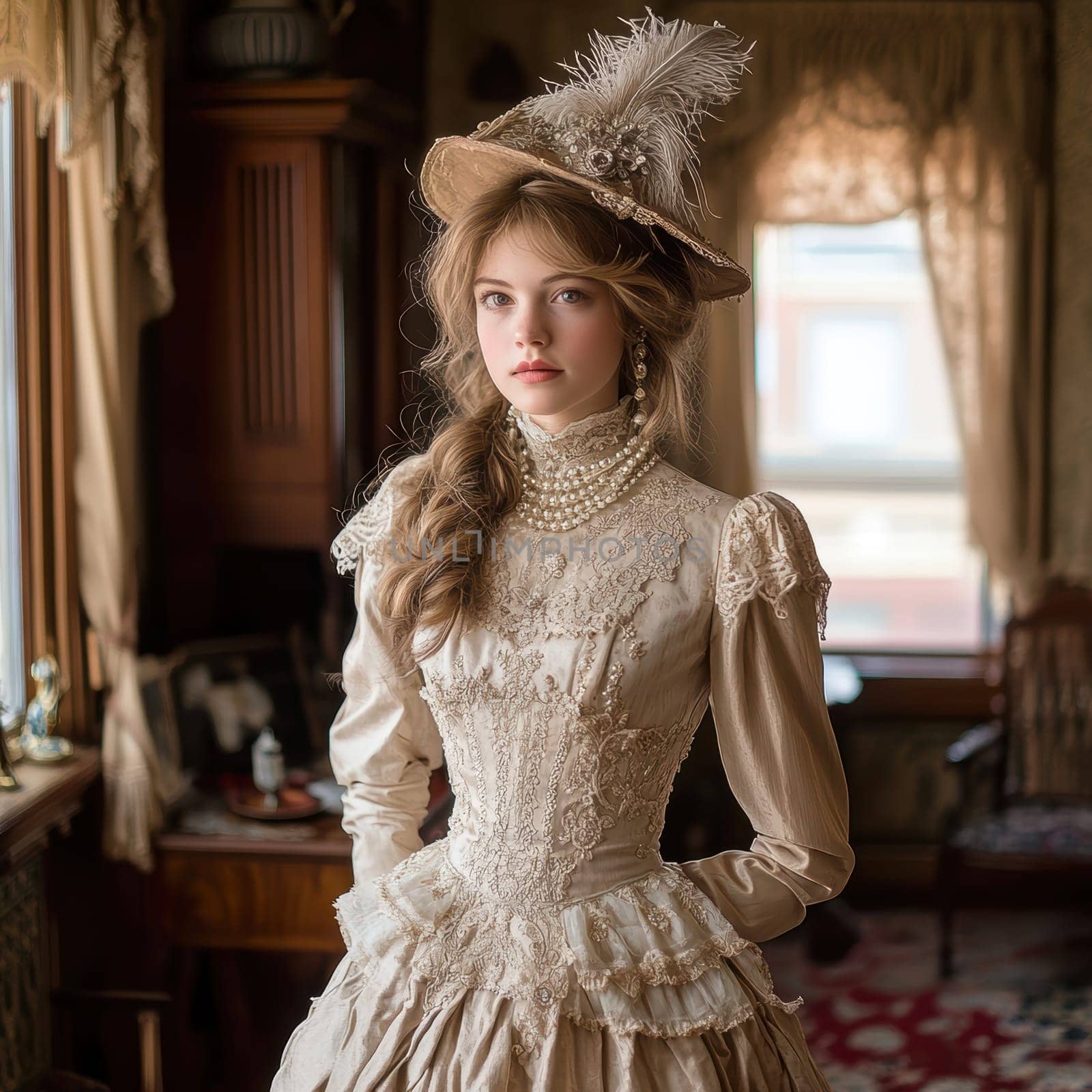 elegant woman from the Victorian era standing in a richly decorated parlor. AI generative.
