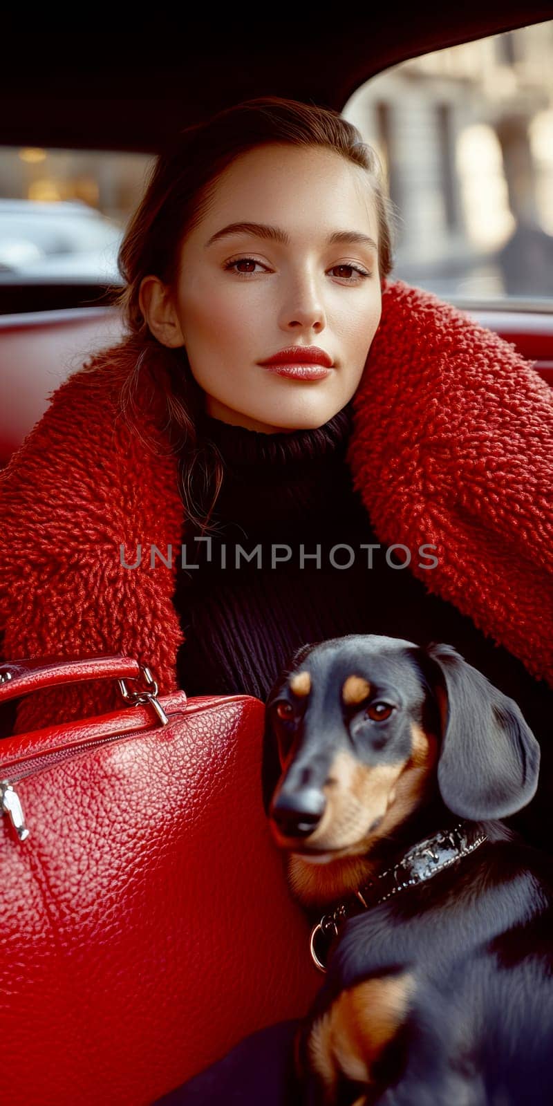 An elegant woman in the back seat of a luxury car, with  dachshund. AI generative.