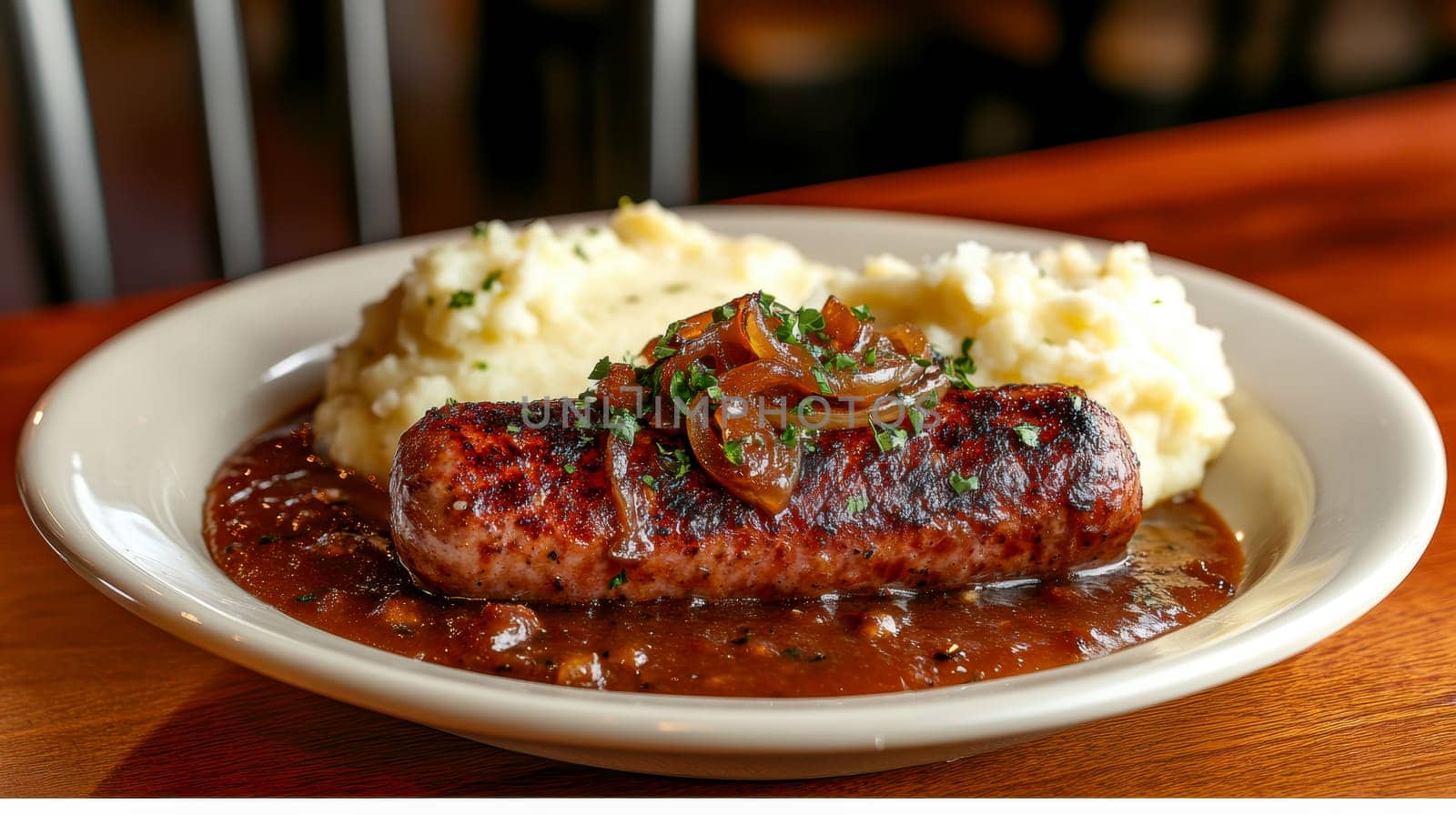 Traditional Polish dish, potatoes with baked kielbasa and onion sauce. AI generative.