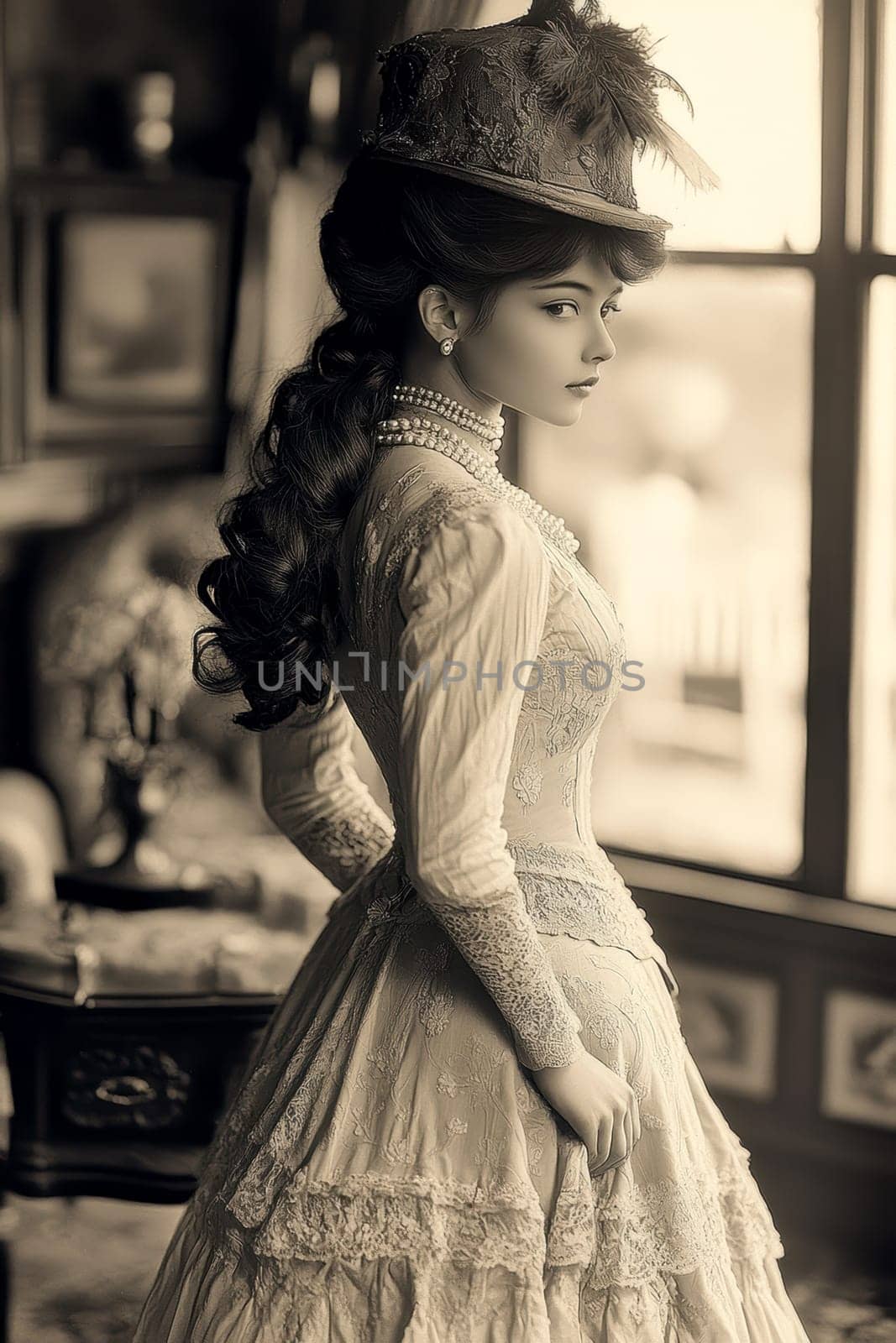 elegant woman from the Victorian era standing in a richly decorated parlor. AI generative.