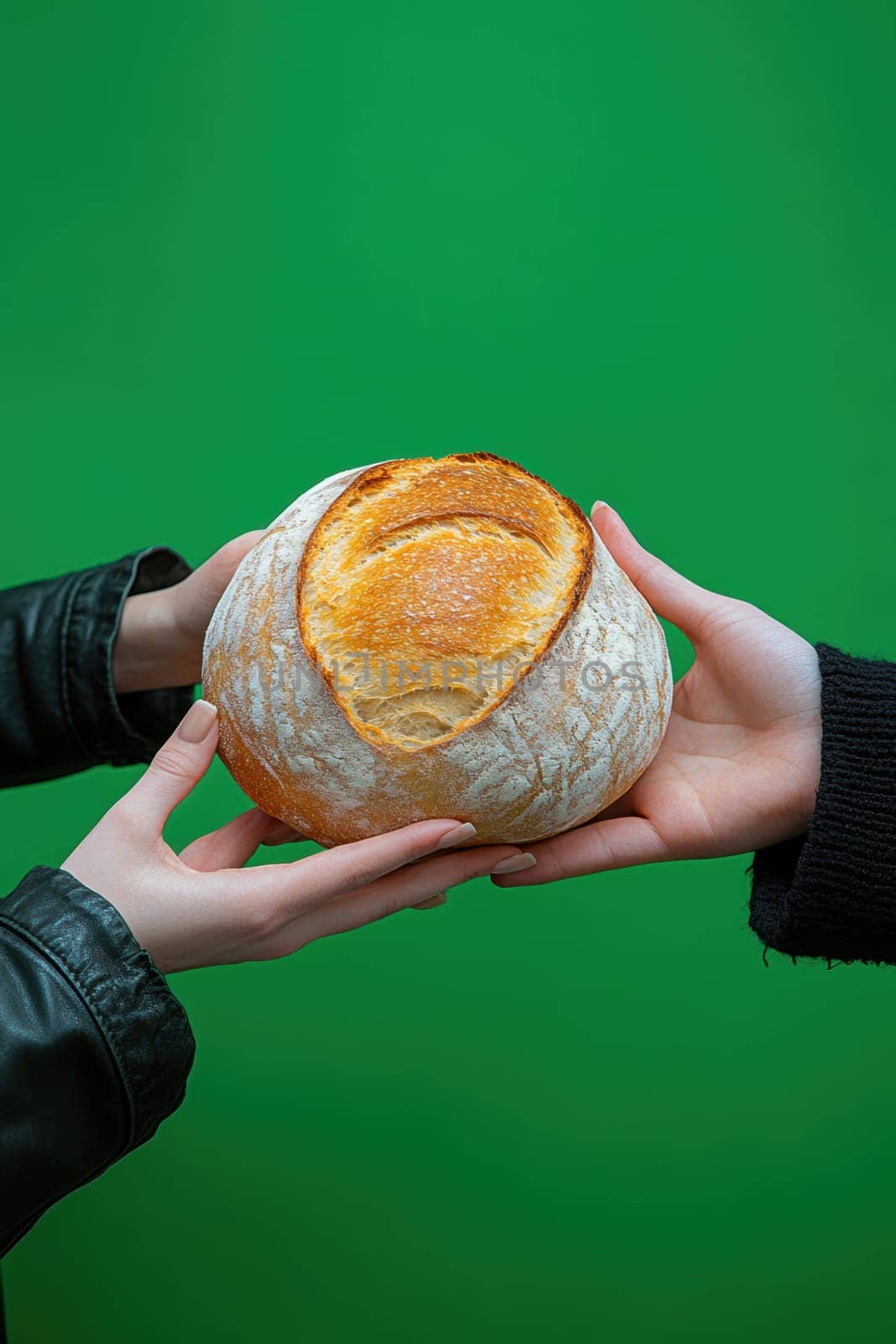passing a loaf of bread from one hand to another, symbolizing sharing and human ties. AI generative.