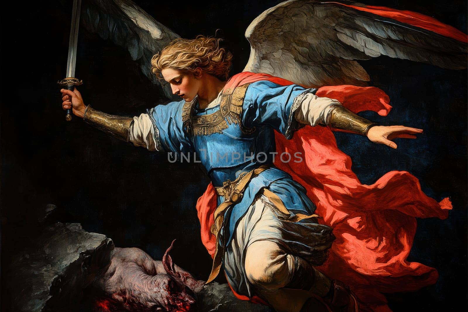 Archangel Michael in blue and red colors, with a sword drawn over a demon lying on a black background. AI generative.